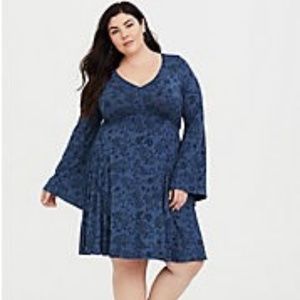 Torrid Bell Sleeve Blue Floral Jersey Skater Dress
